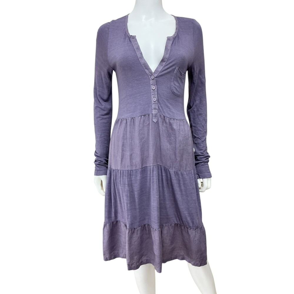 120% Lino Italy Purple Linen Knit Henley Tiered Midi Dress Women's Size XS